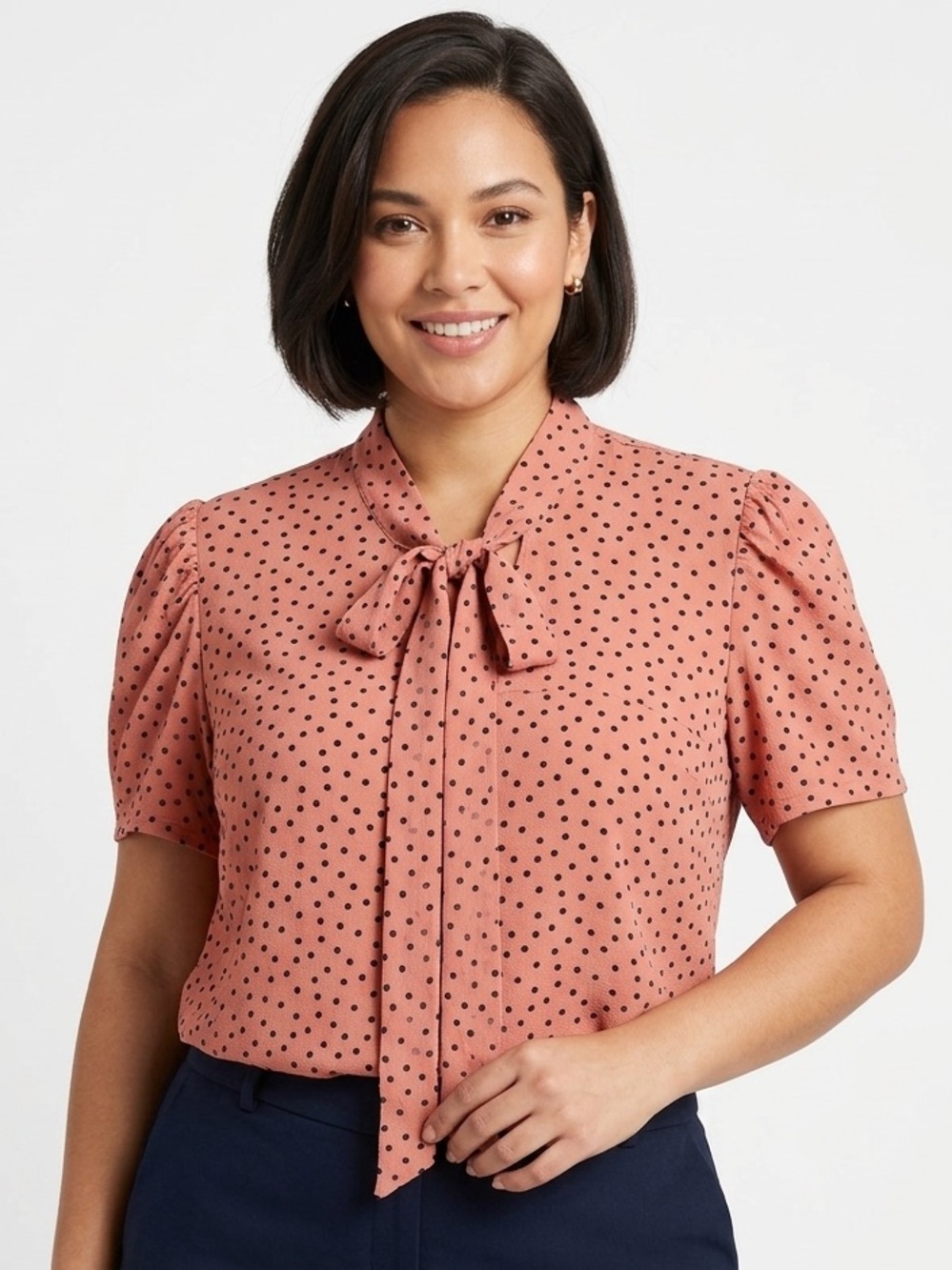 OLM Coral Pink Polka Dot Tie-Neck Blouse Size XL Preowned